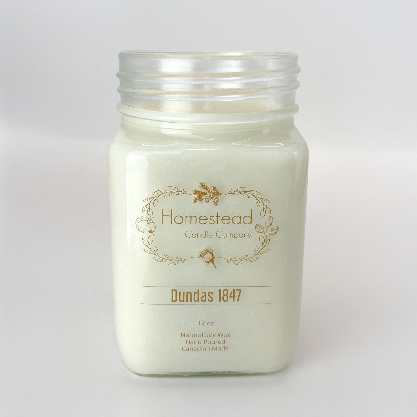 12 ounce soy wax candle. Called "Dundas 1837". Made in Downtown Dundas Ontario